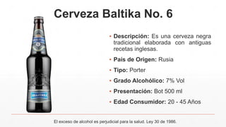 Cerveza Baltika No. 6
▪ Descripción: Es una cerveza negra
tradicional elaborada con antiguas
recetas inglesas.
▪ País de Origen: Rusia
▪ Tipo: Porter
▪ Grado Alcohólico: 7% Vol
▪ Presentación: Bot 500 ml
▪ Edad Consumidor: 20 - 45 Años
El exceso de alcohol es perjudicial para la salud. Ley 30 de 1986.
 