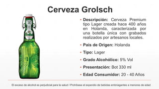 Cerveza Grolsch
▪ Descripción: Cerveza Premium
tipo Lager creada hace 400 años
en Holanda, caracterizada por
una botella única con grabados
realizados por artesanos locales.
▪ País de Origen: Holanda
▪ Tipo: Lager
▪ Grado Alcohólico: 5% Vol
▪ Presentación: Bot 330 ml
▪ Edad Consumidor: 20 - 40 Años
El exceso de alcohol es perjudicial para la salud / Prohíbase el expendio de bebidas embriagantes a menores de edad
 