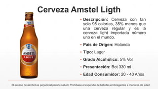 Cerveza Amstel Ligth
▪ Descripción: Cerveza con tan
solo 95 calorías, 35% menos que
una cerveza regular y es la
cerveza light importada número
uno en el mundo.
▪ País de Origen: Holanda
▪ Tipo: Lager
▪ Grado Alcohólico: 5% Vol
▪ Presentación: Bot 330 ml
▪ Edad Consumidor: 20 - 40 Años
El exceso de alcohol es perjudicial para la salud / Prohíbase el expendio de bebidas embriagantes a menores de edad
 
