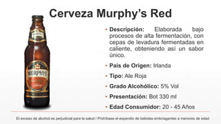 Cerveza Murphy’s Red
El exceso de alcohol es perjudicial para la salud / Prohíbase el expendio de bebidas embriagantes a menores de edad
▪ Descripción: Elaborada bajo
procesos de alta fermentación, con
cepas de levadura fermentadas en
caliente, obteniendo así un sabor
único.
▪ País de Origen: Irlanda
▪ Tipo: Ale Roja
▪ Grado Alcohólico: 5% Vol
▪ Presentación: Bot 330 ml
▪ Edad Consumidor: 20 - 45 Años
 
