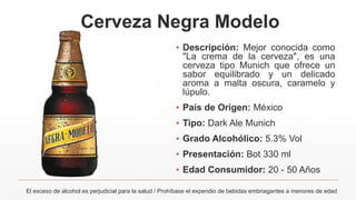 Cerveza Negra Modelo
▪ Descripción: Mejor conocida como
"La crema de la cerveza", es una
cerveza tipo Munich que ofrece un
sabor equilibrado y un delicado
aroma a malta oscura, caramelo y
lúpulo.
▪ País de Origen: México
▪ Tipo: Dark Ale Munich
▪ Grado Alcohólico: 5.3% Vol
▪ Presentación: Bot 330 ml
▪ Edad Consumidor: 20 - 50 Años
El exceso de alcohol es perjudicial para la salud / Prohíbase el expendio de bebidas embriagantes a menores de edad
 