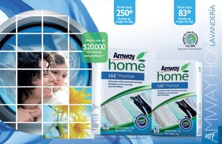 Rinde hasta




                                                                             LAVANDERÍA
                                                          Rinde hasta

                          250*
                            lavadas en
                                                          83*
                                                           lavadas en
                          cargas de 2kg.                 cargas de 2kg.




                                                                          AMWAY HOME
 ahorra más de

$20.000
 comprando
este producto.*




       * Comparado con 3 unidades de detergente de 1KG                      107
 