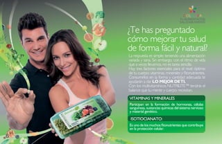 ¿Te has preguntado
    cómo mejorar tu salud
    de forma fácil y natural?
    La respuesta es simple: teniendo una alimentación
    variada y sana. Sin embargo, con el ritmo de vida
    que a veces llevamos, no es tarea sencilla.
    Hay tres factores esenciales para el nivel óptimo
    de tu cuerpo: vitaminas, minerales y fitonutrientes.
    Consumirlos en la forma y cantidad adecuada te
    ayudarán a dar LO MEJOR DE TI.
    Con los multivitamínicos NUTRILITE™ tendrás el
    balance que tu mente y cuerpo necesitan.
    Vitaminas Y minERaLEs
    Participan en la formación de hormonas, células
    sanguíneas, sustancias químicas del sistema nervioso
    y material genético.
     isOtiOCianatO:
    Es uno de los muchos fitonutrientes que contribuye
    en la protección celular.

6
 