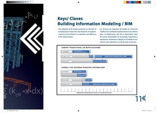 Keys/ Claves
                                Building Information Modeling / BIM
                                The adoption of 3D design processes on the part of      Las técnicas de ingeniería de detalle en estructura
                                manufacturers meets the new demands of enginee-         metálica han cambiado drásticamente en los últimos
                                ring firms and architects to maximize cost efficiency   años. La implantación del 3D en fabricantes cubre
                                in the whole project.                                   las nuevas necesidades de las grandes ingenierías y
                                                                                        arquitectos, tendentes a trabajar en 3D desde la con-
                                                                                        cepción para optimizar el coste de todo el proceso.




neg


                         Ө
0
                                                                                                                                        11
    Arc IngenieriaOCt.indd 11                                                                                                                   20/10/10 13:12:42
 