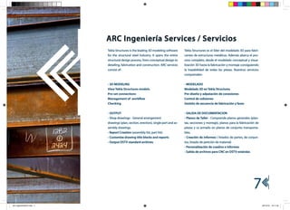 ARC Ingeniería Services / Servicios
                           Tekla Structures is the leading 3D modeling software
                            ekla                                                     Tekla Structures es el líder del modelado 3D para fabri-
                           for the structural steel industry. It spans the entire    cantes de estructuras metálicas. Además abarca el pro-
                           structural design process, from conceptual design to      ceso completo, desde el modelado conceptual y visua-
                           detailing, fabrication and construction. ARC services     lización 3D hasta la fabricación y montaje consiguiendo
                           consist of:                                               la trazabilidad de todas las piezas. Nuestros servicios
                                                                                     comprenden:

                           - 3D MODELING                                             - MODELADO
                           View Tekla Structures models.                             Modelado 3D en Tekla Structures
                           Pre-set connections                                       Pre-diseño y adpatación de conexiones
                           Management of workflow                                    Control de colisiones
                           Checking                                                  Gestión de secuencia de fabricación y fases


                           - OUTPUT                                                  - SALIDA DE DOCUMENTACION
                           - Shop drawings - General arrangement                     - Planos de Taller - Comprende planos generales (plan-
                           drawings (plan, section, erection), single part and as-   tas, secciones y montaje), planos para la fabricación de
                           sembly drawings.                                          piezas y su armado en planos de conjunto transporta-
                           - Report Creation (assembly list, part list)              bles.
                           - Customize drawing title blocks and reports              - Creación de informes ( listados de partes, de conjun-
                           - Output DSTV standard archives.                          tos, listado de petición de material)
                                                                                     - Personalización de cuadros e informes
                                                                                     - Salida de archivos para CNC en DSTV estándar.




                                                                                                                                         7
Arc IngenieriaOCt.indd 7                                                                                                                        20/10/10 13:11:04
 