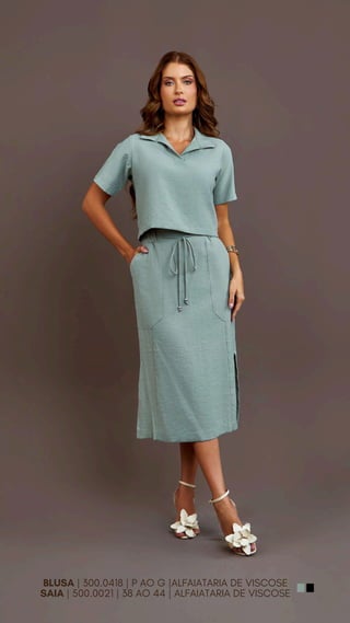 BLUSA | 300.0418 | P AO G |ALFAIATARIA DE VISCOSE
SAIA | 500.0021 | 38 AO 44 | ALFAIATARIA DE VISCOSE
 