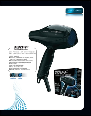 EAN 13 - 789611610401-4 - 127V – 789611610405-2 - 220V
          EAN 14 - 1789611610401-1 - 127V – 1789611610405-9 - 220V

          • 2000W de potência
          •  missão de 67 milhões de íons negativos por cm3:
            E
            mais brilho e maciez para os cabelos
          • Tecnologia turmalina: ainda mais brilho e maciez
          • 6 combinações de velocidade e temperatura
          • Jato de ar frio
          • Leve e com design exclusivo
          • 2 bicos direcionadores de ar
          • Cabo com 3 metros de comprimento
          • Motor AC profissional – maior durabilidade




            ÍONS NEGATIVOS   TURMALINA




MB-114-11- ESPECIALIZADA FINAL.indd 11                               02/09/11 21:28
 