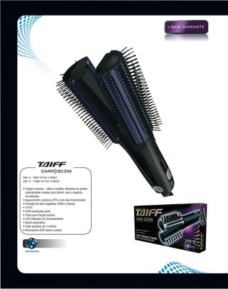 EAN 13 - 78961161031-2 bivolt
          EAN 14 - 1789611611031-9 bivolt

          •  hapa e escova – alisa e modela, deixando as pontas
            C
            naturalmente viradas para dentro, sem o aspecto
            de esticado.
          • Aquecimento cerâmico (PTC) com dual transmission
          • Emissão de íons negativos: brilho e maciez
          • 210ºC
          • Perfil anodizado preto
          • Trava para função escova
          • LED indicador de funcionamento
          • Bivolt automático
          • Cabo giratório de 3 metros
          • Acompanha DVD passo a passo




            ÍONS NEGATIVOS




MB-114-11- ESPECIALIZADA FINAL.indd 14                             02/09/11 21:28
 