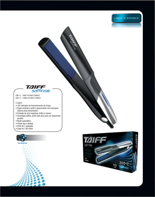 EAN 13 - 789611610854-8 BIVOLT
          EAN 14 - 1789611610854-5 BIVOLT

          • 200ºC
          • LED indicador de funcionamento da chapa
          •  upla cerâmica: perfil e aquecimento com exclusivo
            D
            sistema dual transmission
          • Emissão de íons negativos: brilho e maciez
          •  ecnologia saffira: perfil mais duro para um alisamento
            T
            perfeito
          • Bivolt automático
          • Chave liga e desliga
          • Perfil de 1 polegada
          • Cabo de 1,80 metro




            ÍONS NEGATIVOS




MB-114-11- ESPECIALIZADA FINAL.indd 19                                 02/09/11 21:29
 