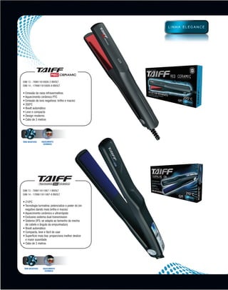 EAN 13 - 789611610926-2 bivolt
          EAN 14 - 1789611610926-9 bivolt

          • Emissão de raios infravermelhos
          • Aquecimento cerâmico PTC
          • Emissão de íons negativos: brilho e maciez
          • 200ºC
          • Bivolt automático
          • Leve e compacta
          • Design moderno
          • Cabo de 3 metros




          ÍONS NEGATIVOS    Aquecimento
                             cerÂmico




          EAN 13 - 789611611067-1 bivolt
          EAN 14 - 1789611611067-8 bivolt

          • 210ºC
          •  ecnologia turmalina: potencializa o poder do íon
            T
            negativo dando mais brilho e maciez
          • Aquecimento cerâmico e ultrarrápido
          • Exclusivo sistema dual transmission
          •  istema OFS: se adapta ao tamanho da mecha
            S
            de cabelo e ângulo da empunhadura
          • Bivolt automático
          • Compacta, leve e fácil de usar
          •  uperfície mais lisa: proporciona melhor deslize
            S
            e maior suavidade
          • Cabo de 3 metros




           ÍONS NEGATIVOS    Aquecimento
                              cerÂmico




MB-114-11- ESPECIALIZADA FINAL.indd 20                           02/09/11 21:29
 