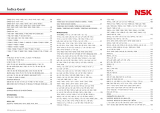 11NSK Brasil Ltda. | www.nsk.com.br
CARGO 1215 / 1415 / 1416 / 1417 / 1418 / 1419 / 1421 / 1422................89
CARGO 1313 / 1314 / 1317.......................................................................90
CARGO 1514 / 1517 / 1615 / 1615T / 1617 / 1618 / 1618T /
1619 / 1621 / 1622 / 1722 / 2216 / 2217 / 2218 / 2218T / 2319 /
2322 / 2324 / 2422 / 2425 / 2630 / 3224 / 3530 / 4030.............................90
CARGO 814................................................................................................91
CARGO 814 / 815.......................................................................................91
F 100 (1961 -1980) DIESEL / F 600 (1956-1977) GASOLINA /
F 700 (1977-1980) / F 750 (1972-1977)....................................................92
F 100 / 400 / 600 / 700 / 750 / 2000 / 4000...............................................92
F 11000 / F 12000......................................................................................93
F 11000 / F 12000 / F 13000 / F 14000 HD / F 19000 / F 21000 / F 22000.....93
F 13000 / F 14000 / F 16000 .....................................................................93
F 19000 / F 21000 / F 22000......................................................................94
F 7000 / F 8000 / F 8500 / FT 7000 / FT 8000 / FT 8500............................94
F 7000 / FT 7000 / FT 8000 77/80 / F 8000 / F 8500 (77/79) / FT 8500.....94
GM
6-100 (4x2) / 6-150 / 12-170 L / S (4x2) / 14-190 (4x2) /
15-190 (4x2) / 16-220 (4x2)......................................................................94
6-100 / 6-150 / 7-110................................................................................95
A 60 / 70 / 80 / 90 / 99 ÁLCOOL (8+A409:C4610/) / C 60 / 70 /
80 / 90 / 99 ÁLCOOL (64/) / D 60 / 70 /74 / 75 / 78 / 80 / 90 / 99
DIESEL (64/)..............................................................................................95
A 60 / 70 / 80 / 90 / 99 ÁLCOOL (80/) / C 60 / 70 / 80 / 90 / 99
ÁLCOOL (64/) / D 60 / 70 /74 / 75 / 78 / 80 / 90 / 99 DIESEL (64/).................95
A-C-D 60 / 70 / 80 / 90 / 99 TURBO E 3500 HEAVY DUTY.........................95
D 11000 / D 12000 / D 22000....................................................................95
DIVERSOS MODELOS................................................................................95
GMC 6-100 / 6-150 / 12-170 L/S / 14-190 / 15-190 / 16-220...................96
GMC6-100,6-150,12-1704x2L/S,14-190(4x2),15-190(4x2),16-220(4x2)..........96
HYUNDAI
DIVERSOS MODELOS DE MICRO ÔNIBUS................................................96
INTERNATIONAL
4700 (4X2) / 490C (16 TON)......................................................................96
IVECO / FIAT
DUCATTO / TURBO DAILY 3510, 35300, 4010, 4912.................................96
IVECO........................................................................................................96
TURBO DAILY 3510 (CHASSI FURGÃO E CABINE) / TURBO
DAILY 35300 (CHASSI CABINE).................................................................97
TURBO DAILY 4010 V FURGÃO / TURBO DAILY 4912 (CHASSI
CABINE) / TURBO DAILY 4912 V FURGÃO / TURBO DAILY 4912 ESCUADO........97
MERCEDES-BENZ
1018 (MBO) / 1111 (L / LA / LAK / LAS / LK / LS)...................................97
1113 (L / LA / LAK / LAS / LK / LP / LS / LP / LPO / OF / OH) /
1114 (L / LK / LP / LPO) / 1115 (L / OF / OH) / 1116 (L / LA /
LAK / LAS / LB / LK / LS) / 1118 (L / LK / LP / LPO)..................................97
1113 (L / LK) / 1114 / 1118 / 1214 / 1218 / 1414 / 1418 / L /
LK / LS-1313 / 1314 / 1316 / 1318 / OH / OF-1313 / 1314 / 1316..............99
1214 / 1214 (C / K / LK / LS) / 1215 (C / L / LA / LK / OF) / 1217
(OF) / 1218 / 1218 (R / L / LK / LS) ..........................................................99
1215 / 1620 / 1720 / 1418 / 13218 / 1518 / 1618 / 2318 / 2418 /
1718 / 1614 / 1418 E / OF 1417 / OF 1620 / OF 1721 / MB Sprinter 312D.........99
1313 (L / LA / LAK / LB / LK / LS / OF / OH) / 1314 (L / LA / LAK /
LB / LK / LS / OF / OH) / 1315 (OF / OH) / 1316 (G / L / LA / LAK /
LAS / LB / LK / LS / OF / OH / OHL) / 1317 (L / LA / LAK / LK / LS /
OF / OH) / 1318 (E / OF / OH) / 1319 (L / OF / OH) / 1320 (O)....................99
1318 / 1618...............................................................................................101
1414 (L / LA / LAK / LK / K ) / 1417 (OF) / 1418 (E / K / R / L /
LA / LAK / LK / OH)....................................................................................101
1414 (L / LA / LAK / LK / K ) / 1417 (OF) / 1418 (E / K / R / L /
LA / LAK / LK / OH) / 1419 (L / LK / LS / OF / OH) / 1420 (L /
LK / LS / OH / OHL) / 1421 (OF / OMC / OHL / L / OH)..............................102
1419 (L / LK / LS / OF / OH) / 1420 (L / LK / LS / OH / OHL)
/ 1421 (OF / OMC / OHL / L / OH)..............................................................103
1419 / 1420 / 1513 / 1517 / 1514 / 1516 / 1518 / 1519 /
1520 / 1525 / 2013 / 2014 / 2213 / 2214 / 2216 .................................103
1513 (L / LA / LAK / LB / LG / LK / LS) / 1514 (L / LK / LS) / 1516
(L / LA / LAK / LB / LG / LK / LS) / 1517 (L / LK / OF / OH) / 1518
(L / LK / LS / OF / OH) / 1519 (L / LAK / LB / LG / LK / LS / OH) / 1520
(L / LK / LP / PK / LPS / LS / OF / OH) / 1521 (L / OH) / 1524 ........................103
1614 / 1615 (L / LK LS) / 1618 (L / LK / LS / OF /M) / 1619 (L) /
1620 (L / LK / LS / OF) / 1621 (L / LK / LS / OF /OH) / 1622 (L /
LK / LS) / 1623 (L / LG / LS) / 1625 (L / LK / LS / OH) / 1628 L (OH)........105
1714 (L / LK / K / OF) / 1715 / 1718 (A / AK / K / L / M / OF) /
1720 (A / K / L) / 1721 (S / L / LK / OF / OH) / 1722 (OF / S ) /
1723 (S) / 1725 (L)....................................................................................106
1723 / 1623...............................................................................................107
1819 (L / LAK / LB / LG / LK / LS) / 1820 (LG)..........................................108
1924 (A / LS) / 1929 (L / LK / LS) / 1930 (LS) / 1932 (LS) / 1933
(LS) / 1934 (LS) / 1935 (L / LS) / 1938 (L / LS / S) / 1941 (L / LS) /
1944 S / 1945 (L / LS)...............................................................................109
1924 (L / LS) / 1929 / 1930 / 1932 / 1933 / 1934 (L / LS) 1935 /
1937 / 1938 (L / LS) / 1938 (S / LS) / 1941 / 1942 / 1944 (L / LS)
1945 E 1951 (A / FSK)..............................................................................110
2013 (L / LA / LAK / LB / LG / LK / LS) / 2014 (L / LB / LK) /
2016 (LB / LK) / 2017 (L / LB / LK)............................................................111
2213 / 2214 / 2215 / 2216 / 2217 / 2219 / 2220 / 2222 E
2225 (L / LAK / LB / LK / LS / LG)..............................................................114
2314 (L, LB, LK, LS) / 2318 (L, LB, LK, LS) / 2325 (L, LB, LK, LS)...........117
2414 (L) / 2418 / 2420 (L, LB, LK) / 2423 (B, K) / 2425
(L,LA, LB, LK) / 2428................................................................................118
2414 / 2418 / 2420 / 2423 (B, K) / 2424 (B) / 2428 ..................................120
2629 (LS)...................................................................................................120
2635 (L, LK, LS)........................................................................................121
312 (L, LK, LP) .........................................................................................121
321 (LAP, LAPK, LAPS, LP, LPK, LPS).....................................................122
321 H (O) / 321 HL (O) .............................................................................124
3238 (K / S)...............................................................................................124
326 (O)......................................................................................................124
331 (L, LPK, LPS) .....................................................................................125
352 (HL,O) ................................................................................................126
355 (O) / 362 (O).......................................................................................126
364 (O)......................................................................................................126
370 / 371 (RS, RSD, RST, ST, U, UP) (O)...................................................127
400 (R, RS, RSD, RSL) (O)........................................................................128
608 (D / (L, LO) 708 D / (L, LO) / 709 (L) / 710 (L) / 712 (L).....................128
608 / 708 / 709 / 912 / 1113 / 1114 / 1313- / 1314 / 1316/
1317 / 1513 / 1514 / 1516 / 1517 / 2013 / 2014 / 2017 /
2213 / 1414 / 1214/ 1614 / OF 1113 / OF 1313 / OF 1315 /
1214 / 1614 OF / 1113-OF 1313-O / F 1315 .............................................129
812 (LO) / 912 (L)......................................................................................129
BR900........................................................................................................129
CAMINHÕES DA LINHA LEVE....................................................................129
DIVERSOS MODELOS DA LINHA LEVE.....................................................129
DIVERSOS MODELOS DA LINHA LEVE E MÉDIA......................................129
L / LA / LAK / LB / LS / OF / OH-1313 / 1314 / 1315 / 1316 /
1317 / O-355 / 362 / 364 RS / RSD / RST / ST / U / UP-370 / 371.............129
Índice Geral
 