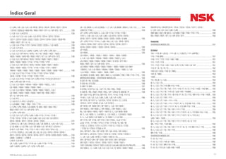 12NSK Brasil Ltda. | www.nsk.com.br
L / LAK / LB / LG / LK / LS-1819 / 2013 / 2014 / 2016 / 2017 / 2314
/ 2318 / 2325LG-1820 RS / RSD / RST / ST / U / UP-370 / 371................129
L / LB / LK / LA-2213.................................................................................129
L / LB / LK / LS / LA / LAK / LG-2213 / 2214 / 2215 / 2216 /
2217 / 2219 / 2220 / 2222 / 2225 / 2314 / 2318 / 2325 / 2629 RS
/ RSD / RST / ST / U / U.............................................................................130
L / LB / LK-1718 / 1721 / 2418 / 2222 / 2225 L / LS-1625........................130
L / LK / LP-312..........................................................................................130
L / LK / LP-312 LA / LAPK / LAPS / LP / LPK / LPS-321............................130
L / LK / LS / OF-1614 / 1615 / 16 / 18 / 1620 / 1621 / 1622 /
1625 / 1630 / 1633 RS / RSD / RST / ST / U / UP-370 / 372.....................130
L / LK / LS / OF-1614 / 1615 / 1618 / 1620 / 1621 / 1622 /
1625 / 1630 / 1633 / 1714 / 1718 / 1720 / 1721........................................130
L / LK / LS / OF-1614 / 1615 / 1618 / 1620 / 1621 / 1622 /
1625 / 1630 / 1633 / 1714 / 1718 / 1720 / 1721 / 1924 /
1924A / 1929 / 1930 / 1932 / 1933 / 1934 / 1935 / 1938 / 1941...............130
L / LK / LS-1113 / 1114 / 1116 / 1118 / 1214 / 1218 /
1414 / 1418 / 1714 / 1718 / 1720 / 1721...................................................130
L / LK / LS-1113 / 1116 / LP / LPO-1113 / 1114 LP-312 LP /
LPK / LPS-321 OF-1113.............................................................................130
L / LK / LS-1924 / 1924A / 1929 / 1930 / 1932 L / LK /
LS-1933 / 1934 / 1935 / 1938 / 1941........................................................130
L / LK / LS-1924 / 1924A / 1929 / 1930 / 1932 L / LK /
LS-1933 / 1934 / 1935 / 1938 / 1941 RS / RSD / RST /
ST / U / UP-370 / 372................................................................................130
L / LK-312..................................................................................................130
L / LK-312 / L-912 / LO-812.......................................................................130
L / LO-608 / 708 / 709 / 710 / 712.........................................................130
L / LPK / LPS-1520 / LS-2629 / O-335 / 362 / 364 / RS /
RSD / RST / ST / U / UP-370 / 371............................................................131
L / LPK / LPS-331......................................................................................131
L / LS / LK / LP / LPO / LAK / LAS-1113 / 1114 / 1118 /
1116 / 1214 / 1218 L / LA / LAK / LB / LG / LK / LS-2013 /
2014 / 2016 / 2017 / 2314 / 2318 / 2325..................................................131
L 2314 ( U, LB / LK) / 2318 (U, LB) / LK 2325 (L / LB / LK / LS)...............131
L/ LO 608 / L/ LO 708 / LO / OF 809 / LO / OF 812 / LO 814 /
O 817 / LO 709 / 710 / 712 / L 911 / 912 / 913 / 914 ( C).........................132
L-1113 / 2220 (L, LA, LAK, LB, LG, LK, LS) / 2013 / 2014 / 2016 /
2017 / 2213 / 2214 / 2215 / 2216 / 2217 / 2219 / 2220 /2222 / 2225.......133
L608 / L608-E / L708-D...........................................................................133
L-912 / LO-812..........................................................................................133
LA / LAS / LAK-1113 / 1114 LA / LAK-1116 / 1118...................................133
LAP / LAPK / LAPS / LP / LPK / LPS-321...................................................134
LK / LS 2629 / L LK LS 2635 / L / LK / LS 2638 / 2654 L / LK / LS..........134
LO615 E 715C............................................................................................134
LP / LPK / LPS-1520 / L / LK / OF-1714 / 1718 / 1720 /
1721 L / LB / LK / LS / LA / LAK / LG-2213 / 2214 / 2215 /
2216 / 2217 / 2219 / 2200 / 2222 / 2225 / 2420 / O-364...........................135
LP / LPO-1113 / 1114 L / LAK / KG / LK / LS- 1819 / 2013
/ 2014 / 2016 / 207 / 2213 / 2214 / 2215 / 2216 / 2217 /
2219 / 2220 / 2222 / 2225 / 2314 / 2318 /................................................135
LP-1520.....................................................................................................135
LS-1630.....................................................................................................135
LS-1924 / 1929 / 1932 / 1933 / 1934 / 1935 / 1938 /
L / LK / LS-1924 / 1924A / 1929 / 1930 / 1932 L / LK /
LS-1933 / 1934 / 1935 / 1938 / 1941 / O-370 / 371 RS /
RSD / RST / ST / U / UP-370 / 371i............................................................135
LS-1924 / 1929 / 1932 / 1933 / 1934 / 1935 / 1938 / LS-1941
/ 2629 L / LK / LS-1924 / 1924A / 1929 / 1930 / 1932 / L / LK
/ LS-1933 / 1934 / 1935 / 1938 / 1941...................................................135
LS-2629 / 0-326 / 355 / 362 / 364 / L / LO-608 / 708 / 709 / 710 / 712.....135
MERCEDES BENZ - DIVERSOS MODELOS................................................135
O 321 H / HL E O 326.................................................................................135
O 352 HL E O 355......................................................................................136
O 362 / O 364.............................................................................................137
O 370U / O 371U / UL / UP / R / RS / RSL / RSD.......................................138
O 400 R / RS / RSD / RSE / RSL / UP / UPA E O 500 M / R.......................139
OF / OH 1113, OF1114, OF1115, 1111, 1114, 1116, 1117 E
1118 L / LK / LS / LA / LAK / LAS / LB / LP / LPO......................................140
OF 1215, OF 1217 L / LK1214, 1214, 1214 K / C, L1215,
1215 C, 1217, 1218 E U LK / LS 1218 C....................................................141
OF 1618 / OF 1620/ OH / OF 1621 L / LE / OH 1625 /
OH 1628 L / OH 1630 L / OH 1635 L / OH 1636 L / LG /
RL / LK 1614 / 1615 / 1617 / 1617 K / L / LK 1618 / 618
M / L / LK 1620 / L / LK1621, L / LS 1622, L / LS1623 / 1623
S / L / LS 1625 / LS 1630 / L / S 1632 / L / LS 163....................................142
OF 1714 / OF 1718 / OF 1721 / OH 1725 L / LLE 1714 /
L/LK 1714 / 1714K / 1715 / 1718 / 1718 A / K / AK / M
1720 / L 1720 K / 1721 / L1721 / 1721 S / 1722 S / 1723
/ 1723 S / 1724 E 172]8 A / R...................................................................143
OH / OF1417 / OH / OF 1418 / OF / OH 1419 / OH 1420 /
OH 1421 L LK1414 / 1414 / 1414 K / 1416 / 1418 / 1418 K /
L LK / LA / LAK 1418 E / 1420 / 1422 C / EL............................................144
OH / OF1517/ OH / OF 1518 / OH 1519 / OH / OF1520 /
OH 1521 / 1513 / 1514 / 1516 / 1517 / 1518 / 1521 /
1521 (S/K/AK) 1524 E 1525 L/LK/LS/ LA/LAK/LB/LG/LP/LPK/LPS............146
OH 1835 L / L / LAK / LB / LK / LG / LS / S 1819 / 1820 / 1833 ................148
OH/OF1313 / OH/OF1314 / 1314 / 1315 / 1316 / 1317 / 1319 /
L / LB / LK / LS / LA / LAK / LAS................................................................149
OM-366 / 352 / M-352 L / LO-608 / 708 / 709 / 710 / 712.........................150
RS / RSD / RST / ST / U / UP-370 / 371.....................................................150
RANDON
DIVERSOS MODELOS................................................................................151
SCANIA
101 / 110 (B / LELS) / 111 (B / L / LSELT) / 111 (ARTB) /
115 / 116 (BR)...........................................................................................151
110 / 111 / 112 / 113 / 140 / 180...............................................................151
111 / 112 / 113..........................................................................................151
111 / 112 / 113 / 142 / 143 / L75 / L76 / 140 / LK 141 .............................151
112 (F / K / S / R / T)..................................................................................152
140 (LK / LKS) / 142 (E / MA)....................................................................153
142 (E / MA)..............................................................................................153
142E..........................................................................................................154
75 / 76 (B / L / LS).....................................................................................154
B / L / LS / 75.............................................................................................155
B / L / LS / 75 / 110 BR-115 / 116.............................................................155
B / L / LS / 75 / 76 / 101 / 111 / 110 / F / K / S / 112 / 142E / 142 MA.......155
B / L / LS / 75 / 76 / 110 LK / LKS-140 / 142MA........................................155
B / L / LS / 75 / 76 / 111 / B-110 / F / K / S / 112 / BR-115 / 116 / 142E....155
B / L / LS / LT / 101 / 111...........................................................................155
B / L / LS / LT / 101 / 111 / 110..................................................................155
B / L / LS / LT / 101 / 111 / 110 F / K / L-112 BR-115 / 116.......................155
B / L / LS / LT / 101 / 111 F / K / L-112 BR-115 / 116................................155
B / L / LS / LT / 75 / 76 / 101 / 111 / 110...................................................155
B / L / LS / LT / 75 / 76 / 101 / 111 / 110 F / K / L-112 BR-115 / 116.........155
B / L / LS / LT / 75 / 76 / 101 / 111 / 110 F / K / L-112 LK /
LKS- 140 / 142E........................................................................................155
B / L / LS / LT / 75 / 76 / 101 / 111 / 110 F / K / S- 112
BR- 115 / 116 / 142 MA............................................................................155
B / L / LS / LT / 75 / 76 / 101 / 111 F / K / S- 112 BR-115 / 116 ...............156
B / L / LS / LT / 75 / 76 / 110......................................................................156
BR-115 / 116.............................................................................................156
DIVERSOS MODELOS................................................................................156
F / K / S / 112 ............................................................................................156
F / K / S / 112 / 142 (E / MA)......................................................................156
F / K / S / 112 / BR-115 / 116.....................................................................156
F / K / S / 112 LK / LKS-140 / 142E............................................................156
Índice Geral
 