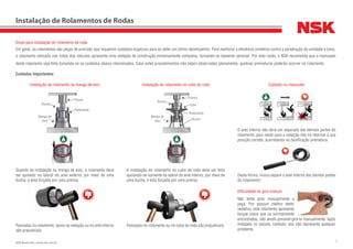 7NSK Brasil Ltda. | www.nsk.com.br
Instalação do rolamento na manga de eixo
Quando da instalação na manga de eixo, o rolamento deve
ser apoiado na lateral do anel externo por meio de uma
bucha, e esta forçada por uma prensa.
Pancadas no rolamento, apoio na vedação ou no anel interno
são prejudiciais.
Instalação do rolamento no cubo da roda
A instalação do rolamento no cubo da roda deve ser feita
apoiando-se somente na lateral do anel interno, por meio de
uma bucha, e esta forçada por uma prensa.
Pancadas no rolamento ou no cubo da roda são prejudiciais.
Cuidado no manuseio
O anel interno não deve ser separado das demais partes do
rolamento, pois neste caso a vedação não irá retornar à sua
posição correta, acarretando na danificação prematura.
Desta forma, nunca separe o anel interno das demais partes
do rolamento!
Dicas para instalação do rolamento de roda
Em geral, os rolamentos são peças de precisão que requerem cuidados especiais para se obter um ótimo desempenho. Para melhorar a eficiência protetiva contra a penetração da umidade e lama,
o rolamento utilizado nas rodas dos veículos apresenta uma vedação de construção extremamente complexa, tornando-se bastante sensível. Por esta razão, a NSK recomenda que o manuseio
deste rolamento seja feito tomando-se os cuidados abaixo relacionados. Caso estes procedimentos não sejam observados plenamente, quebras prematuras poderão ocorrer no rolamento.
Cuidados Importantes:
Instalação de Rolamentos de Rodas
Dificuldade no giro manual
Não tente girar manualmente a
peça. Por possuir melhor efeito
vedativo, este rolamento apresenta
torque maior que os normalmente
encontrados, não sendo possível girá-lo manualmente. Após
instalado no veículo, contudo, isto não representa qualquer
problema.
Prensa
Prensa
Rolamento
Cubo
Bucha
Rolamento
Bucha
Bucha
Manga de
eixo
Manga de
eixo
 