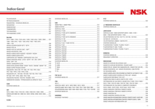 14NSK Brasil Ltda. | www.nsk.com.br
PULVERIZADOR.........................................................................................205
RETROESCAVADEIRA................................................................................205
ROÇADEIRAS - DIVERSOS MODELOS.......................................................206
SEGADEIRAS.............................................................................................206
SEMEADEIRAS..........................................................................................207
TRANSMISSÃO..........................................................................................207
TRITURADORES........................................................................................207
TRITURADORES LEVES.............................................................................207
BALDAN
2070 / 2080 / 2100 / 2105 (4X4) / 2400 / 2400 (4X4) / 2500 / 2600.........207
1000 / 1000 (4X4) / 1020 / 1020 (4X4)/ 1065 / 1065 (4X4)
1090 / 1105...............................................................................................208
ARADO ESCARIFICADOR AETC / AETH......................................................209
ARADO FIXO AF.........................................................................................209
ARADO FIXO DE AIVECAS AAFL / AAFT.....................................................209
ARADO REVERSÍVEL ARH.........................................................................209
ARADO SUBSOLADOR ASDACR / ASDADR / ASDAH................................209
ARADO SUBSOLADOR ASTH.....................................................................209
CARPIDEIRA CED TANDEM / CARPIDEIRA FIXA LEVE..............................209
GRADE ARADORA GRSG / GTCR / GCRTI / GR / GRI / GRPI /
GSPA / GRP / CRI......................................................................................210
GRADE LARANJEIRA GLCRL.....................................................................210
GRADE NIVELADORA NVAM / NIVAP / NVCR / SNVAM / SNVAP / SP.......210
GRADE SUPER PESADA GSPCR................................................................210
ROÇADEIRA RDU1700 / RP 1500 / RP 1700 / RPU 1300 /
RPU 1500 / RPDL 2700 / RPDL 2250........................................................210
ROÇADEIRA CPL / RD1300 / RD1500 / RD1700 / RPU 1700 /
RP1300 / RPP / RPDL 3000 / RDU 1500...................................................210
ROÇADEIRA RD2250 / RD2700 / RD3000 / RDD.......................................210
SEMEADEIRA SD5000 / TERRACEADOR DE ARRASTO TACR...................211
CASE
DIVERSOS MODELOS................................................................................211
CBT
2070 / 2080 / 2100 / 2105 4X2 / 2400 / 2400 4X4 / 2500 / 2600..............211
AGRICOLAES 8060 4X2 / 8060 4X4 / 8240 / 8240A / 8260 / 8440 / 8450..........211
TODOS.......................................................................................................212
CLAAS
DIVERSOS MODELOS................................................................................212
CNH
A8000 PNEU / A8800 PNEU.......................................................................212
A8800 ESTEIRA.........................................................................................213
AGRICOLA 7630........................................................................................213
AGRICOLA T7030......................................................................................213
AGRICOLA T7030 AUTO COMANDO..........................................................214
AGRICOLA T7040......................................................................................214
AGRICOLA T7040 AUTO COMANDO..........................................................214
AGRICOLA TL100 .....................................................................................214
AGRICOLA TL100A ...................................................................................214
AGRICOLA TL60 / TL60E EXITUS..............................................................215
AGRICOLA TL65........................................................................................215
AGRICOLA TM7010...................................................................................215
AGRICOLA TM7020...................................................................................215
AGRICOLA TM7030...................................................................................215
AGRICOLA TM7040...................................................................................215
AGRICOLA TS6000....................................................................................216
AGRICOLA TS6020....................................................................................216
AGRICOLA TS6030....................................................................................216
DIVERSOS MODELOS................................................................................216
TC 5070.....................................................................................................216
TC 5090.....................................................................................................216
TT 3840.....................................................................................................217
TT 65D.......................................................................................................217
TT 75.........................................................................................................217
FIAT ALLIS
DIVERSOS MODELOS................................................................................217
FNH
923-4.........................................................................................................217
AGRICOLA 4600 / 4610 / 4630 /5600 / 5610 / 5630..................................217
AGRICOLA 6600 / 6610 / 6630 / 7610 / 7630 / 7810 / 7830 / 8030 / 8BR............218
COLHEITADEIRAS 4040 / 5030 / 5050 / 8040 / 8055 / TC55 / TC57 / CA1530.....219
DIVERSOS MODELOS................................................................................222
HANOMAG
DIVERSOS TRATORES...............................................................................222
IFLÓ
DIVERSOS MODELOS................................................................................222
J.F MAQUINAS AGRICOLAS
DIVERSOS MODELOS................................................................................222
JOHN DEERE
AGRICOLA 5403 / 5600 AEROPORTUÁRIO / 5605 / 5705 /
6605 / 7500 AEROPORTUÁRIO / 7505......................................................222
COLHEITADEIRAS CA1165 / CA1175 / CA1185 / CA1450 /
CA1550-02 / CA1550-03............................................................................223
COLHEITADEIRAS CA9650 / CA9750 STS.................................................223
DIVERSOS MODELOS................................................................................224
PLANTADEIRAS PL9200 / PL9209 / PL9211............................................224
PLANTADEIRAS PL 803 / PL805................................................................224
PLANTADEIRAS PL9200 / PL9209 / PL9211.............................................224
KOMATSU
DIVERSOS MODELOS................................................................................224
MAQUINAS FLORESTAIS...........................................................................224
MARCHESAN
ARADO DE AIVECAS HELICOIDAIS AAH....................................................224
ARADO DE AIVECAS REVERSÍVEL PESADO AARP....................................224
ARADO FIXO AF / ARADO FIXO CANAVIEIRO AFC / ARADO FIXO LEVE AFL........225
ARADO REVERSÍVEL AR / ARADO REVERSÍVEL COM PISTÃO
DE REVERSÃO ARPR.................................................................................225
ARADO SUBSOLADOR COM DESARME AUTOMÁTICO AST/MATIC E 500.........225
ARADO SUBSOLADOR HIDRÁULICO TATU AST / ARADO
SUBSOIADOR MECÂNICO TATU AST.........................................................225
COBERTURA PARA PLANTIO DIRETO CPD / CPD2...................................225
DISTRIBUIDOR DE CALCÁRIO E ADUBO DCA 2 2500 / DCA 2 5500 /
DCA 2 7500 / DCA DC 5500 / DCA DC 7500 / DCA DC 2500......................225
DISTRIBUIDOR DE CALCÁRIO E COMPOSTO ORGÂNICO
DCCO 10500 / DCCO 2500 / DCCO 5550 / DCCO 7500..............................226
GRADE ARADORA CONTROLE REMOTO GACM........................................226
GRADE ARADORA CONTROLE REMOTO OFFSET......................................226
GRADE ARADORA GA................................................................................226
GRADE ARADORA HIDRÁULICA GAH........................................................226
GRADEARADORAINTERMEDIÁRIACONTROLEREMOTOGAICR/GAICR300............226
GRADEARADORAINTERMEDIÁRIACONTROLEREMOTOGAICRL/GAIM..............226
GRADE ARADORA INTERMEDIÁRIA GAI...................................................226
Índice Geral
 