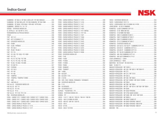 16NSK Brasil Ltda. | www.nsk.com.br
CUMMINS - NT 855 A / NT 855 A MÜLLER / NT 855 ENGESA..................245
CUMMINS - NT 855 MÜLLER / NT 855 RANDON / NT 855 VME...............245
CUMMINS - NT 855G / NTA 855C / NTA 855 / NTTA 855...........................245
CUMMINS - SÉRIES 13 / 14 / 15...............................................................245
DODGE - DIVERSOS MODELOS.................................................................246
EL DETALLE - AO 104 BF 6 L-913..............................................................246
FERRAMENTAS ELÉTRICAS BOSCH..........................................................246
FIASA.........................................................................................................246
FIAT - AD 14 C...........................................................................................246
FIAT - AD 14 SCANIA D 11.........................................................................246
FIAT - DIVERSOS MODELOS.....................................................................246
FIAT - DUNA ..............................................................................................246
FIAT - ELBA / PRÊMIO...............................................................................247
FIAT - FB 100.2..........................................................................................247
FIAT - FB 80 / FB 80.2................................................................................247
FIAT - FD 170.............................................................................................247
FIAT - FG 105 / FG 105A / FG 105B............................................................247
FIAT - FG 170.............................................................................................247
FIAT - FG 70 / FG 70A / FG 70B..................................................................247
FIAT - FG 75 / FG 75A / FG 75B..................................................................247
FIAT - FG 85 / FG 85A / FG 85B..................................................................247
FIAT - FH 200 TD........................................................................................247
FIAT - FIORINO...........................................................................................248
FIAT - FR 120.2..........................................................................................248
FIAT - FR 140.............................................................................................248
FIAT - FR 180.............................................................................................248
FIAT - TEMPRA..........................................................................................248
FIAT - TEMPRA / TEMPRA TURBO.............................................................248
FIAT - UNO ................................................................................................248
FIAT - UNO MILLE......................................................................................248
FIAT ALLIS - DIVERSOS MODELOS..........................................................248
FIAT ALLIS - AD 7 B...................................................................................248
FIAT ALLIS - FA 120...................................................................................248
FIAT ALLIS - FD 9......................................................................................249
FIAT ALLIS - FR 10 B / FR 12 B..................................................................249
FNH - DIVERSOS MODELOS......................................................................249
FORD - CARGO 1317 / CARGO 1320 / CARGO 1517 / CARGO 1520..........249
FORD - CARGO 1617 / CARGO 1620 / CARGO 2220 / CARGO 2420..........249
FORD - CARGO 2817 / CARGO 2820 / CARGO 3020 / CARGO 3220..........249
FORD - CARGO-WORLD-TRUCK 1618.......................................................249
FORD - CARGO-WORLD-TRUCK C C 1215................................................249
FORD - CARGO-WORLD-TRUCK C C 1217................................................249
FORD - CARGO-WORLD-TRUCK C C 1415................................................249
FORD - CARGO-WORLD-TRUCK C C 1416................................................250
FORD - CARGO-WORLD-TRUCK C C 1417................................................250
FORD - CARGO-WORLD-TRUCK C C 1421................................................250
FORD - CARGO-WORLD-TRUCK C C 1422................................................250
FORD - CARGO-WORLD-TRUCK C C 1617 6BTAA.....................................250
FORD - CARGO-WORLD-TRUCK C C 1617 6C...........................................250
FORD - CARGO-WORLD-TRUCK C C 1621................................................250
FORD - CARGO-WORLD-TRUCK C C 1630................................................250
FORD - CARGO-WORLD-TRUCK C C 2322 ...............................................250
FORD - CARGO-WORLD-TRUCK C C 2422................................................250
FORD - CARGO-WORLD-TRUCK C C 2425................................................251
FORD - CARGO-WORLD-TRUCK C C 2630................................................251
FORD - CARGO-WORLD-TRUCK C C 3224................................................251
FORD - CARGO-WORLD-TRUCK C C 3530................................................251
FORD - CARGO-WORLD-TRUCK C C 4030................................................251
FORD - DIVERSOS MODELOS...................................................................251
FORD - F100..............................................................................................251
FORD - F1000............................................................................................251
FORD - F12000..........................................................................................252
FORD - F14000..........................................................................................252
FORD - F4000............................................................................................252
FORD - RANGER........................................................................................252
FORD - TRANSIT........................................................................................252
GM - 14000................................................................................................252
GM - BLAZER.............................................................................................252
GM - BLAZER / S10...................................................................................252
GM - D 6150..............................................................................................252
GM - D20 / D40 / D6000 / BONANZA / VERANEIO.....................................253
GM - DIVERSOS MODELOS.......................................................................253
GM - S 10 .................................................................................................253
GM - SILVERADO.......................................................................................253
GM - SILVERADO DLX...............................................................................253
GURGEL - TOCANTINS L TR......................................................................253
HONDA - DIVERSOS MODELOS................................................................253
HONDA - FIT..............................................................................................253
IVECO - 110-17 / 180-23 / 180-25 / 180-34 / 190-30................................253
IVECO - 160 E 23 8060.45.5200................................................................254
IVECO - 260-30 / 300-30 / 330-25.............................................................254
IVECO - 450 E............................................................................................254
IVECO - 619 N............................................................................................254
IVECO - DAILY 10 8140..............................................................................254
IVECO - DIVERSOS MODELOS..................................................................254
IVECO - EUROCARGO 120 E 15.................................................................254
IVECO - EUROCARGO 160 E 23 8060.45 A 4100.......................................254
JOHN DEERE - JD 50 D YANMAR..............................................................254
KOMATSU - A 835 CUMMINS 6 BT 5.9......................................................254
KOMATSU - D 30 MBB-OM 352................................................................255
KOMATSU - D 50 MBB-OM 366A...............................................................255
KOMATSU - D60 E CUMMINS N 855 C......................................................255
KOMATSU - D60 F CUMMINS NT 855 C....................................................255
KOMATSU - D65 E CUMMINS N 855 C......................................................255
KOMATSU - D73 E CUMMINS NT 855 C....................................................255
KOMATSU - DIVERSOS MODELOS............................................................255
KOMATSU - GD 523 A / GD 523 R CUMMINS 6 BT 5.9...........................255
KOMATSU - GD 623 A CUMMINS 6 BT 8.3..............................................255
KOMATSU - GD 623 R CUMMINS 6 BT 5.9.............................................255
KOMATSU - PC 150 SE CUMMINS 6 BT 5.9..............................................255
KOMATSU - WA 180 CUMMINS 6 BT 5.9..................................................255
KOMATSU - WA 320 CUMMINS 6 CT 8.3..................................................255
LADA (SHIMIGULI) - LAIKA.......................................................................256
LADA (SHIMIGULI) - NIVA.........................................................................256
MAFERSA - M-210 6CT / M-240 6TCA......................................................256
MAN - 19.302 F D......................................................................................256
MASSEY-FERGUSON - MF 1630 A ............................................................256
MASSEY-FERGUSON - MF 235 / MF 265 D / MF 265/4 D..........................256
MASSEY-FERGUSON - MF 272..................................................................256
MASSEY-FERGUSON - MF 275 / MF 275/4................................................256
MASSEY-FERGUSON - MF 283 A...............................................................256
MASSEY-FERGUSON - MF 290 / MF 290/4................................................257
MASSEY-FERGUSON - MF 292 TURBO / MF 292/4 TURBO.......................257
MASSEY-FERGUSON - MF 295/4...............................................................257
MASSEY-FERGUSON - MF 296 / MF 296/4................................................257
MASSEY-FERGUSON - MF 297 / MF 297/4 / MF 299 / MF 299/4...............257
MASSEY-FERGUSON - MF 3640................................................................257
MASSEY-FERGUSON - MF 3640 PERKINS................................................257
MASSEY-FERGUSON - MF 4780 SAAB SCANIA.........................................257
MASSEY-FERGUSON - MF 5300 / MF 5310 / MF 5320.............................257
MASSEY-FERGUSON - MF 5650 A.............................................................258
MASSEY-FERGUSON - MF 5650 TURBO AT..............................................258
MASSEY-FERGUSON - MF 6845 PERKINS 1006-6T..................................258
MASSEY-FERGUSON - MF 6855 PERKINS 1006-6TW...............................258
MASSEY-FERGUSON - MF 6865 PERKINS 1006-6T..................................258
MAXION - 750............................................................................................258
Índice Geral
 