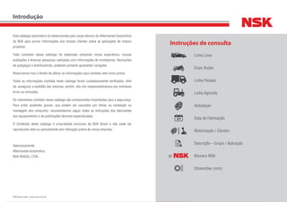 1NSK Brasil Ltda. | www.nsk.com.br
Este catálogo automotivo foi desenvolvido pelo corpo técnico do Aftermarket Automotivo
da NSK para prover informações aos nossos clientes sobre as aplicações de nossos
produtos.
Todo conteúdo desse catalogo foi elaborado utilizando nossa experiência, nossas
avaliações e diversas pesquisas realizadas com informações de montadoras, fabricantes
de autopeças e distribuidores, podendo portanto apresentar variações.
Reservamos-nos o direito de alterar as informações aqui contidas sem aviso prévio.
Todas as informações contidas neste catalogo foram cuidadosamente verificadas, afim
de, assegurar a exatidão das mesmas, porém, não nos responsabilizamos por eventuais
erros ou omissões.
Os rolamentos contidos nesse catálogo são componentes importantes para a segurança.
Para evitar acidentes graves, que podem ser causados por falhas na instalação ou
montagem dos conjuntos, recomendamos seguir todas as instruções dos fabricantes
dos equipamentos e de publicações técnicas especializadas.
O Conteúdo deste catálogo é propriedade exclusiva da NSK Brasil e não pode ser
reproduzido total ou parcialmente sem liberação prévia de nossa empresa.
Atenciosamente,
Aftermarket Automotivo
NSK BRASIL LTDA.
Introdução
Instruções de consulta
Linha Leve
Duas Rodas
Linha Pesada
Linha Agrícola
Autopeças
Data de Fabricação
Motorização / Câmbio
Descrição – Grupo / Aplicação
Número NSK
Dimensões (mm)
Nº
 