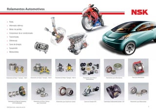 4NSK Brasil Ltda. | www.nsk.com.br
Rolamento de Roda 1ª Geração - HUB I Rolamentos para Alternadores
Rolamentos para Suporte do Cardan
Rolamento de Roda 2ª Geração - HUB II Polia para Alternadores
Coluna de Direção EPS Transmissão Continuamente Variável - CVT Rolamentos para Motocicletas
Rolamentos para Polias e
Tensionadores
Rolamentos de Rolos Cônicos
para Transmissão
Rolamento de Roda 3ª Geração - HUB III
Rolamentos de Polias de Compressor
de Ar-Condicionado
Rolamentos Automotivos
>	 Roda;
>	 Alternador elétrico;
>	 Motor de partida;
>	 Compressor de ar condicionado;
>	 Transmissão;
>	 Diferencial;
>	 Caixa de direção;
>	 Suspensão;
>	 Motocicletas.
 
