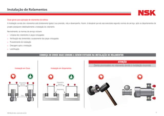 6NSK Brasil Ltda. | www.nsk.com.br
Dicas gerais para aplicação de rolamentos de esferas
A instalação correta dos rolamentos está diretamente ligada à sua precisão, vida e desempenho. Assim, é desejável que ela seja executada segundo normas de serviço, após os departamentos de
projeto planejarem detalhadamente a instalação do rolamento.
Normalmente, as normas de serviço incluem:
>	 Limpeza dos rolamentos e peças conjugadas
>	 Verificação das dimensões e acabamento das peças conjugadas
>	 Procedimento de instalação
>	 Checagem após a instalação
>	 Lubrificação
Instalação em Eixos
Instalação de Rolamentos
Instalação em Alojamentos
CONHEÇA OS ERROS MAIS COMUNS A SEREM EVITADOS NA INSTALAÇÃO DE ROLAMENTOS
Danos provocados no rolamento devido à instalação incorreta
Dispositivo
(Bucha)
Dispositivo
(Bucha)
Alojamento
Eixo
ATENÇÃO
 