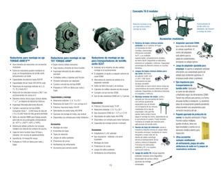 19
Concepto TA II modular
Reductor montado en eje
con buje cónico doble y
montaje de motor
Accionamiento de
tornillo sinfín con
adaptador, eje impulsor
y montaje de motor
•	 Sistema de bujes cónicos dobles
estándar: es un sistema de bujes
sin bamboleo de fácil
montaje y desmontaje
ofreciendo conicidad
de 8° y un confiable
soporte doble, completamente dividido,
de hierro dúctil. Disponible en diámetros
interiores en pulgadas y métricos. Capacidad
aumentada de diámetro interior en muchos
tamaños.
•	 Juegos de bujes cónicos dobles para
eje corto: (Números
de patente 5,667,333
y 5,951,198) hacen
innecesarios los ejes
de largo completo.
Construidos en hierro dúctil, tienen todas las
características de nuestro sistema de bujes
estándar. Disponibles en diámetros interiores
en pulgadas y métricos.
•	 Montaje modular de motor: unido y
apoyado por dos escuadras de hierro
con orificios igualmente
espaciados que se alinean
con el espacio de las ranuras
moldeadas de la caja de
engranajes. Esto permite
ajustar hacia arriba o hacia
abajo el montaje de motor, dependiendo de
lo que precise el usuario. Puede también
montarse al costado del reductor para
aplicaciones de tornillo sinfín.
•	 Opción de tope de retención: ayuda a
impedir la rotación inversa en cargas altas
de parada-arranque, resultando en menor
desgaste y mayor vida útil. Su
diseño de salida centrífuga
elimina el deslizamiento de los
calces y reduce el desgaste.
Funciona con lubricantes
estándar y EP y no requiere
lubricación externa.
•	 Juego de varilla TA: incluye soportes
estándar, funciona como dispositivo
tensionador de correa y ofrece
opciones de montaje
universales.
•	 Adaptador apernado CEMA:
tiene sellos de doble reborde
en ambas superficies.El
centro del adaptador
está abierto para la
salida de contaminantes,
brindando un sellado óptimo.
•	 Juego de adaptador ajustable para
empaque:se aperna al adaptador estándar
ofreciendo una comprobada opción de
sellado para ambientes agresivos.El
empaque puede volver a apretarse.
•	 Ejes impulsores para
transportadores de
tornillo sinfín:fabricados
en acero de alta aleación
y diseñados según las dimensiones CEMA.
Tienen tres orificios para pernos y su forma
ahusada facilita la instalación.La resistente
placa de enclavamiento (patente pendiente)
ofrece también una característica para
remoción mecánica del eje.
•	 Paquete apernado de protección de
correa:no requiere perforación ni flejes.
Permite realizar múltiples
ajustes de altura,tiene una
tapa levantable y cuenta con un
elemento metálico abierto para
inspección.
•	 Otros accesorios
incluyen: ventiladores
de enfriamiento,juegos de sellos
deflectores de anillo en V y juegos de
respiraderos verticales.
Accesorios modulares
Reductores para montaje en eje
TORQUE-ARM II™
•	 Doce tamaños de reductores con accesorios
modulares
•	 Todos los reductores pueden montarse en
el eje, en transportadores de tornillo sinfín,
verticalmente o en brida
•	 Capacidades de potencia hasta 400 HP
•	 Capacidades de par hasta 500,000 lb-pulg
•	 Relaciones de engranaje estándar de 5, 9,
15, 25 y hasta 40:1
•	 Reducción de velocidad cercana a 300:1 con
accionamientos de correa en V
•	 Diámetro interior de los bujes cónicos dobles:
1” a 7”; se dispone de diámetros métricos
•	 Engranaje helicoidal altamente eficiente
•	 Cumple o excede las normas AGMA,
incluyendo Clase 1 - 5,000 horas de vida útil
L10 y 25,000 horas de vida general promedio
•	 Sellos de reborde HNBR para trabajo pesado,
para vida de uso prolongada y temperaturas
de -40°F a +300°F (-40ºC a 149ºC)
•	 Sistema de sellado protector con exclusor
metálico con reborde de contacto de caucho
•	 Cajas de hierro fundido Clase 30 lisas y
robustas, con ranuras de apalancamiento
•	 Garantía de 18 meses/36 meses
•	 Probados al 100% en fábrica por ruido y
fugas
Reductores para montaje en eje
TXT TORQUE-ARM®
•	 Bujes cónicos dobles exclusivos
•	 Caja robusta y eficiente de hierro fundido
•	 Engranaje helicoidal de alta calidad y
precisión
•	 Confiables sellos y cojinetes anti-fricción
•	 Eficiente lubricación por salpicado
•	 Cumple o excede las normas AGMA
•	 Probados al 100% en fábrica por ruido y
fugas
Capacidades y montaje
•	 Relaciones estándar: 5, 9, 15 y 25:1
•	 Relaciones de hasta 210:1 con correas en V
•	 Potencia: fraccional hasta 700 HP
•	 Velocidades de salida hasta 400 RPM
•	 Opciones de montaje en brida y eje vertical
•	 Disponibles con entrada para motor hidráulico
Accesorios
•	 Montajes de motor
•	 Ensambles de bujes
•	 Topes de retención
•	 Juegos de sellos auxiliares
•	 Protectores de correa
•	 Ventiladores de enfriamiento
•	 Accesorios para servicio severo
Reductores de montaje en eje
para transportadores de tornillo
sinfín SCXT
•	 Estándar de la industria, de alta calidad,
montaje en el accionamiento
•	 El adaptador se ajusta a cualquier extremo de
canal CEMA
•	 Alternativas de sistema de sellado en el
adaptador estándar
•	 Sellos de fieltro trenzado y de residuos
•	 Cojinetes de rodillos robustos de alto empuje
•	 Cumplen con las normas CEMA
•	 Ejes de alta resistencia CEMA de 2 y 3 pernos
Capacidades
•	 Potencia: fraccional hasta 75 HP
•	 Relaciones estándar: 5, 9, 15 y 25:1
•	 Ejes impulsores CEMA de 1-1/2” a 3-7/16”
•	 Velocidades de salida hasta 400 RPM
•	 Disponibles con entrada para motor hidráulico
•	 Capacidad de montaje vertical e inclinado
Accesorios
•	 Adaptadores C y AC estándar
•	 Ejes impulsores - estándar y de acero
inoxidable
•	 Montajes de motor
•	 Protectores de correa
•	 Juegos de sellos auxiliares
•	 Ventiladores de enfriamiento
 