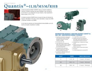 R eductores
22
Quantis®
–ilh/msm/rhb
La línea de productos DODGE®
QUANTIS®
ofrece un conjunto completo de
reductores modulares diseñados para lograr flexibilidad, mayor densidad de
par de torsión en una configuración de caja compacta y mayor capacidad de
potencia desde 1/4 HP a 75 HP.
La familia de productos QUANTIS ofrece al usuario tres tipos de reductores de
engranes: helicoidales en línea (ILH), cónicos helicoidales en ángulo recto (RHB)
y motorizado montados en eje (MSM).
Los tres tipos de reductores son dimensionalmente intercambiables con los de
nuestros principales competidores mundiales.
•	 Disponibles en las siguientes configuraciones:
cónicos helicoidales en ángulo recto (RHB),
helicoidales en línea (ILH) y motorizado
montados en eje (MSM)
•	 Ocho tamaños (38 a 168)
•	 Cuatro configuraciones de entrada: motor
integral, collar de fijación en brida-C, adaptador
de motor acoplado de tres piezas en brida-C y
eje de entrada independiente
•	 Los engranajes de acero carbonizado
garantizan una larga vida útil y reducen el
tiempo de inactividad no programado
•	 Los modelos ILH y MSM tienen eficiencia del
98% por etapa de reducción
QUANTIS®
TAMAÑOS RANGO DE PARES DE SALIDA
ILH ILH 38 - 168 116 plug-lbs -123914 plug-lbs
MSM MSM 38 - 168 712 plug-lbs - 118603 plug-lbs
RHB RHB 38 - 168 411 plug-lbs - 119556 plug-lbs
•	 El  modelo RHB tiene eficiencia del 94%
•	 Diseñados para alcanzar más capacidad de
par de salida, mayores valores de potencia y un
rango expandido de relaciones de reducción
•	 Dos diseños de caja – montaje en pie y montaje
en brida
•	 Múltiples opciones de eje de salida, tanto en
pulgadas como métricas
•	 Llenados en fábrica con aceite antes de enviarse
•	 Para inversor
•	 Los motores integrales tienen en cerramiento IP55
MOTORREDUCTORES INTEGRALES / REDUCTORES CON BRIDA-C QUANTIS®
ILH,
MSM Y RHB – CARACTERÍSTICAS ESTÁNDAR Y OPCIONALES
ILH
RHB MSM
 