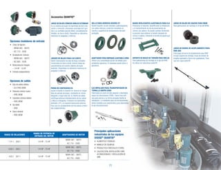 23
RANGO DE RELACIONES
RANGO DE POTENCIA DE
ENTRADA DEL MOTOR
ADAPTADORES DE MOTOR
1.41:1	-	359:1 1/4	HP	-	75	HP
NEMA	56C	-	360TC
IEC	71D	-	250D
6.65:1	-	350:1 1/4	HP	-	75	HP
NEMA	56C	-	360TC
IEC	71D	-	250D
4.83:1	-	307:1 1/4	HP	-	75	HP
NEMA	56C	-	360TC
IEC	71D	-	250D
Opciones modulares de entrada
•	 Collar	de	fijación
	 –	NEMA	56C	-	360TC
	 –	IEC	71D	-	200D
•	 Acoplada	de	3	piezas
	 –	NEMA	56C	-	360TC
	 –	IEC	80D	-	250D
•	 Motorreductor	integral
	 –	1/4	HP	-	10	HP
•	 Entrada	independiente
Opciones de salida
•	 Ejes	de	salida	sólidos
– ILH, RHB, MSM
•	 Diámetro	interior	hueco
– RHB, MSM
•	 Cojinetes	cónicos	dobles
– RHB, MSM
•	 Eje	doble
– RHB
•	 Disco	retráctil
– RHB, MSM
Accesorios QUANTIS®
Principales aplicaciones
industriales de los equipos
DODGE®
QUANTIS®
•	 ALIMENTOS	Y	BEBIDAS
•	 MANEJO	DE	EQUIPAJE
•	 PRODUCTOS	FORESTALES	Y	PAPEL
•	 CALEFACCIÓN,	VENTILACIÓN	Y	AIRE	
ACONDICIONADO	/	CIRCULACIÓN	DE	
AIRE
JUEGOS DE BUJES PARA EJE CORTO
Hacen innecesarios los ejes de largo completo.
Construídos en hierro dúctil, ofrecen todas las
características de nuestro sistema de bujes
estándar. Disponibles en diámetros interiores en
pulgadas y métricos
FRENO DE CONTRAVUELTA
Ayuda a impedir la rotación en reversa en cargas
altas de parada-arranque, resultando en menor
desgaste y mayor vida útil. Su diseño de salida
centrífuga elimina el deslizamiento de los calces
y reduce el desgaste. Funciona con lubricantes
estándar y EP y no requiere lubricación externa.
Para uso con acoplamiento de tres piezas y entra-
das independientes.
SELLO PARA SERVICIO SEVERO XT
Diseño Quadra-Lip (de rebordes cuadrangulares)
con sellos internos y externos revestidos en
caucho y superficie de deslizamiento del sello
protegida.
ADAPTADOR PARA EMPAQUE AJUSTABLE CEMA
Ofrece una comprobada opción de sellado para
ambientes agresivos. El empaque puede volver a
apretarse.
EJE IMPULSOR PARA TRANSPORTADOR DE
TORNILLO SINFÍN CEMA
Fabricados en acero de alta aleación y diseñados
según las dimensiones CEMA. Tienen tres orifi-
cios para pernos y su forma ahusada facilita la
instalación. La resistente placa de enclavamiento
ofrece también una característica para desmontar
el eje mecánicamente.
BASES DESLIZANTES AJUSTABLES PARA ILH
Posicionan el reductor, simplificando la instalación
y el mantenimiento de los accionamientos de
correa y de cadena. Se puede cambiar fácilmente
la posición para obtener la tensión deseada de
correa o cadena, utilizando el tornillo de ajuste que
se suministra.
SOPORTE DE BRAZO DE TORSIÓN PARA RHB (K)
Para aplicaciones de montaje en el eje del RHB.
Se utiliza con reductores estilo BF.
JUEGO DE BUJES DE CAUCHO PARA MSM
Para aplicaciones de montaje en el eje del MSM.
JUEGO DE BUJES CÓNICOS DOBLES ESTÁNDAR
Es un sistema de bujes sin bamboleo de fácil colo-
cación	y	remoción,	ofreciendo	conicidad	de	8	gra-
dos y un confiable soporte doble, completamente
dividido, de hierro dúctil. Disponible en diámetros
interiores en pulgadas y métricos.
JUEGO DE BARRA DE ACOPLAMIENTO PARA
RHB (KR)
Este juego de barra de acoplamiento para RHB
incluye soporte de montaje, brazo de torsión de
longitud ajustable y fulcro con sujetadores. Para
uso con cajas estilo BF.
 