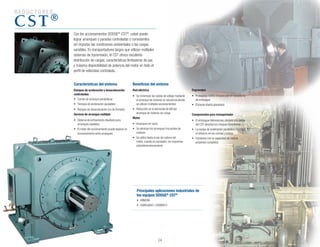 R E D U C T O R E S
24
cst®
Con los accionamientos DODGE®
CST®
, usted puede
lograr arranques y paradas controladas y consistentes
sin importar las condiciones ambientales o las cargas
variables. En transportadores largos que utilizan múltiples
sistemas de transmisión, el CST ofrece excelente
distribución de cargas, características limitadoras de par,
y máxima disponibilidad de potencia del motor en todo el
perfil de velocidad controlada.
Principales aplicaciones industriales de
los equipos DODGE®
CST®
•	 MINERÍA
•	 AGREGADO	/	CEMENTO	
Beneficios del sistema
Red eléctrica
•	 Se	minimizan	las	caídas	de	voltaje	mediante	
el arranque de motores en secuencia donde
se utilizan múltiples accionamientos
•	 Reducción	en	la	demanda	de	kW	por	
arranque de motores sin carga
Motor
•	 Arranques	en	vacío
•	 Se	eliminan	los	arranques	frecuentes	de	
motores
•	 Se	utiliza	hasta	el	par	de	ruptura	del	
motor, cuando es necesario, sin requerirse
sobredimensionamiento
Engranajes
•	 Protegidos	contra	choques	por	el	mecanismo	
de embrague
•	 Eficiente	diseño	planetario
Componentes para transportador
•	 El	embrague	hidroviscoso	ubicado	a	la	salida	
del CST absorbe los choques transitorios
•	 La	rampa	de	aceleración	parabólica	minimiza	
el esfuerzo en las correas y poleas
•	 Contamos	con	la	capacidad	de	realizar	
proyectos completos
Características del sistema
Rampas de aceleración y desaceleración
controladas
•	 Curvas	de	arranque	parabólicas
•	 Tiempos	de	aceleración	ajustables
•	 Rampas	de	desaceleración	(no	de	frenado)
Servicio de arranque múltiple
•	 Sistema	de	enfriamiento	diseñado	para	
arranques repetidos
•	 El	motor	del	accionamiento	puede	dejarse	en	
funcionamiento entre arranques
 