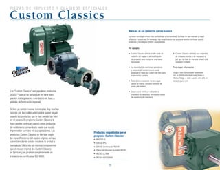 29
p i e Z a s d e r e p u e s t o Y c l á s i c o s e s p e c i a l e s
Custom Classics
Los “Custom Classics” son populares productos
DODGE®
que ya no se fabrican en serie pero
pueden conseguirse en inventario o en base a
pedidos de fabricación especial.
Si bien ya existen nuevas tecnologías, hay muchas
razones por las cuáles usted podría querer seguir
usando los productos que le han servido tan bien
en el pasado. El programa Custom Classics le
hace posible continuar usando estos productos
de rendimiento comprobado hasta que decida
implementar cambios en sus operaciones. Los
productos Custom Classics se fabrican según
las especificaciones del equipo original, así que
caben bien donde estaba instalada la unidad a
reemplazar. Utilizando los mismos componentes
que el equipo original, los Custom Classics
se fabrican y se prueban completamente en
instalaciones	certificadas	ISO	9002.
Ventajas de los productos custom classics
La nueva tecnología ofrece más confiabilidad y funcionalidad, facilidad de uso realzada y mayor
eficiencia y economía. Sin embargo, hay situaciones en las que tiene sentido continuar usando
productos y tecnologías DODGE preexistentes.
Productos respaldados por el
programa Custom Classics
•	 MASTER	XL
•	 DODGE	APG
•	 DODGE	Combinación	TIGEAR
•	 Poleas	de	Velocidad	Ajustable	REEVES
•	 REEVES	ULTIMA
•	 REEVES	MOTODRIVE
Por ejemplo:
•	 Custom	Classics	elimina	el	alto	costo	de	
rediseño del equipo o de modificación
de procesos para incorporar una nueva
tecnología
•	 La	necesidad	de	reentrenar	operadores	
y personal de mantenimiento puede
postergarse hasta que usted esté listo para
implementar cambios
•	 Toda	la	documentación	técnica	sigue	
siendo la misma, inclusive números de
parte y de modelo
•	 Usted	puede	continuar	utilizando	su	
inventario de repuestos, eliminando costos
de reposición del inventario
•	 Custom	Classics	satisface	sus	requisitos	
de unidades nuevas o de reemplazo a
por que se trate de una sola unidad o de
unidades múltiples
Para mayor información
Tenga a bien comunicarse localmente
con su Distribuidor Autorizado Dodge u
Oficina	Dodge,	o	visite	nuestro	sitio	web	en								
www.pt-place.com
 