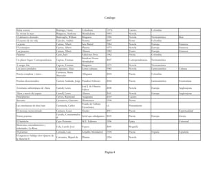 Catálogo



Bahía sonora                        Buitrago, Fanny        Colcultura            -1976     Cuento             Colombia
Ya viviste lo tuyo                  Burguess, Anthony      Mondadoria            1993      Novela
El almuerzo desnudo                 Burroughs, William     Bruguera              1980      Novela             Norteamérica    Beat
El cuento de mi vida                Caicedo, Andrés        Norma                 2007      Notas              Colombia
La peste                            Camus, Albert          Seix Barral           1984      Novela             Europa          Francesa
El extranjero                       Camus, Albert          Planeta               1973      Novela             Europa          Francesa
Los posesos                         Camus, Albert          Alianza               1982      Teatro             Europa          Francesa
Palabras                            Cano, Inés             Ediciones Proa        1982      Poesía             Colombia
                                                           Random House
Un placer fugaz: Correspondencia    Capote, Truman                               2007      Correspondencias   Norteamérica
                                                           Mondadori
A sangre fría                       Capote, Truman         Bruguera              1979      Novela             Norteamérica
Los pasos perdidos                  Carpentier, Alejo      Letras cubanas        1985      Novela             Latinoamérica   Cubana
                                    Carranza, Maria
Poesía completa y cinco...                                 Alfaguara             2004      Poesía             Colombia
                                    Mercedes

Poemas desconocidos                 Carrera Andrade, Jorge Paradiso Editores     2002      Poesía             Latinoamérica   Ecuatoriana

                                                           José J. de Olaneta
Aventuras subterráneas de Alicia    Carroll, Lewis                               2000      Novela             Europa          Anglosajona
                                                           Editor
Alicia a través del espejo          Carroll, Lewis         Alianza               2001      Novela             Europa          Anglosajona
Principiantes                       Carver, Raymond        Anagrama              2010      Cuento
Brevario                            Cassanova, Giacomo     Montesinos            1998      Prosas
                                                           Fondo de Cultura
Las enseñanzas de don Juan          Castaneda, Carlos                            s.f.      Pensamiento
                                                           Económica
El mensaje reencontrado             Cattiaux, Louis        Herder               2011       Poesía                             Espiritualidad
                                    Cavafis, Constantindos
Veinte poemas                                              Señal que cabalgamos 2009       Poesía             Europa          Grecia
                                    P.
El Satiricón                        Cayo Petronio          M.E. Editores        1996       Épica                              Universal
Memorias, entendimientos y
                                    Cela, Camilo José      Espasa                2001      Biografía
voluntades. La Rosa
34 poemas                           Cernuda, Luis          Grijalbo Mondadori    1998      Poesía             España          Española
El ingenioso hidalgo don Quijote de
                                    Cervantes, Miguel de   Planeta               1994      Novela
la Mancha II




                                                                                Página 4
 