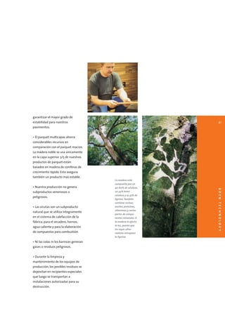 garantizar el mayor grado de
estabilidad para nuestros                                        41
pavimentos.


• El parquet multicapas ahorra
considerables recursos en
comparación con el parquet macizo.
La madera noble se usa únicamente
en la capa superior. 3/5 de nuestros
productos de parquet están
basados en madera de coníferas de
crecimiento rápido. Esto asegura
también un producto más estable.
                                         La madera está
                                         compuesta por un
• Nuestra producción no genera           40-60% de celulosa,




                                                                BOEN TEC H NOLOGY
subproductos venenosos o                 20-35% hemi-
                                         celulosa y 15-35% de
peligrosos.
                                         lignina. También
                                         contiene resinas,
• Las virutas son un subproducto         aceites, proteinas,
                                         vitaminas, y varias
natural que se utiliza íntegramente
                                         partes de compo-
en el sistema de calefacción de la       nentes minerales. A
fábrica, para el secadero, hornos,       la madera le afecta
                                         la luz, puesto que
agua caliente y para la elaboración
                                         los rayos ultra-
de compuestos para combustión.           violetas estropean
                                         la lignina.
• Ni las colas ni los barnices generan
gases o residuos peligrosos.


• Durante la limpieza y
mantenimiento de los equipos de
producción, los posibles residuos se
depositan en recipientes especiales
que luego se transportan a
instalaciones autorizadas para su
destrucción.
 