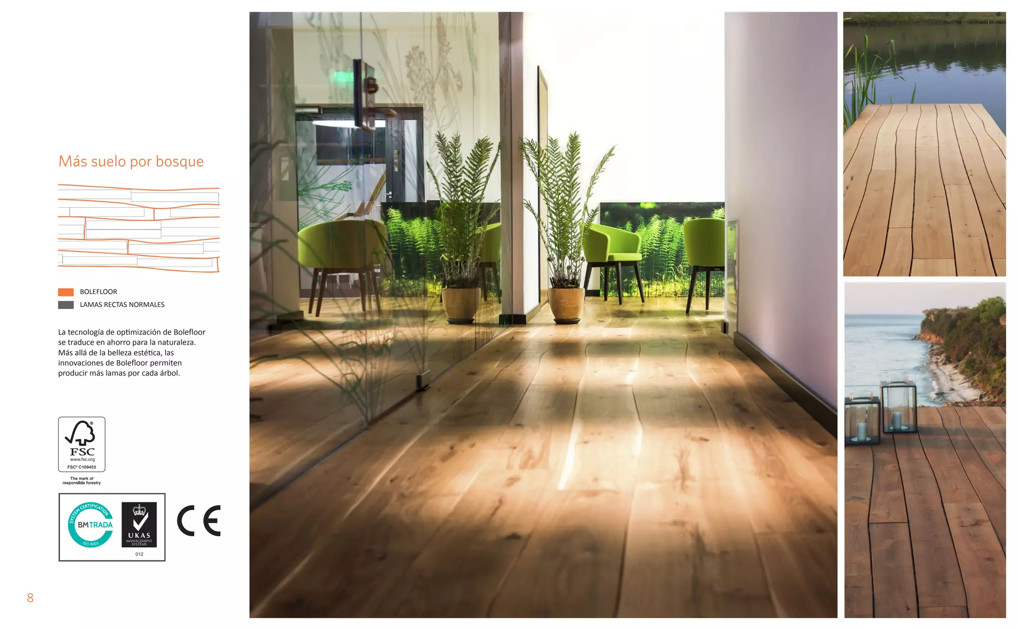 98
La tecnología de optimización de Bolefloor
se traduce en ahorro para la naturaleza.
Más allá de la belleza estética, las
innovaciones de Bolefloor permiten
producir más lamas por cada árbol.
Más suelo por bosque
BOLEFLOOR
LAMAS RECTAS NORMALES
 