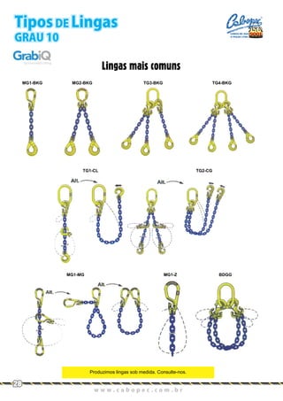 Lingas mais comuns
Produzimos lingas sob medida. Consulte-nos.
MG1-BKG MG2-BKG TG3-BKG TG4-BKG
TG2-CGTG1-CL
MG1-MG MG1-Z BDGG
w w w . c a b o p e c . c o m . b r
28
Tipos DE Lingas
GRAU 10
CABOS DE AÇO
E PEÇAS LTDA.
 