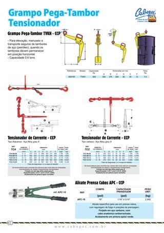 Grampo Pega-Tambor TVKH - CCP
- Para elevação, manuseio e
transporte seguros de tambores
de aço (petróleo), quando os
tambores devem permanecer
em posição horizontal.
- Capacidade 0.6 tons.
Referência Modelo Capacidade
Kg
Peso
Kg
A B C
Dimensões em mm
D E F
828100 TVKH 300 375 290 80 50 12 7,0600
TCA-06-08
TCA-08-10
TCA-10-13
TCA-13-16
TCA-16-25
REF.
TCA
6 - 8
8 - 10
10 -13
13 - 16
16 - 25
(mm)
DIÂMETRO
DA CORRENTE
437
562
653
765
855
A
219
264
328
365
314
B
9
13
15
18
22
C
469
613
716
860
997
D
DIMENSÕES
(mm)
304
406
474
530
580
E
215
264
318
385
412
F
356
454
541
655
766
G
1.180
2.450
4.170
4.990
5.896
(kgf)
CARGA
DE TRAB.
1,360
3,620
5,440
8,900
10,200
(kg)
PESO
UNIT.
Fator de Segurança: 3 x a carga de trabalho
Os tensionadores para correntes tipo alavanca são muito úteis em amarações,
movimentações de cargas e equipamentos transportados.
Forjado em aço liga (alloy steel) grau 8
Especificações: D.O.T. and C.V.S.A. (USA)
Acabamento em pintura epoxi vermelha
TCC-06-08
TCC-08-10
TCC-10-13
TCC-13-16
REF.
TCC
6 - 8
8 - 10
10 -13
13 - 16
(mm)
DIÂMETRO
DA CORRENTE
452
641
686
675
A
412
575
613
672
B
9
13
15
18
C
50
66
66
66
D
DIMENSÕES
(mm)
15
20
20
20
E
182
353
353
353
F
1.180
2.450
4.170
5.900
(kgf)
CARGA
DE TRAB.
1,700
4,700
5,510
6,830
(kg)
PESO
UNIT.
Fator de Segurança: 3 x a carga de trabalho
Os tensionadores para correntes tipo catraca são muito úteis em amarações,
movimentações de cargas e equipamentos transportados.
Forjado em aço liga (alloy steel) grau 8
Especificações: D.O.T. and C.V.S.A. (USA)
Acabamento em pintura epoxi vermelha
Tipo Alavanca - Aço Alloy grau 8 Tipo catraca - Aço Alloy grau 8
Tensionador de Corrente - CCPTensionador de Corrente - CCP
Grampo Pega-Tambor
Tensionador
w w w . c a b o p e c . c o m . b r
38
APC-18
Alicate especifico para uso em prensa cabos,
com regulagem de folga 4 posições de prensagem.
Forjado em aço carbono, com
cabo anatómico emborrachado.
Acabamento em pintura epóxi verde.
18" 1/16" à 3/16" 2,400
(pol) (pol)
COMPR. CAPACIDADE
PRENSAGEM
Alicate Prensa Cabos APC - CCP
REF.
PESO
UNIT.
(kg)
CABOS DE AÇO
E PEÇAS LTDA.
 