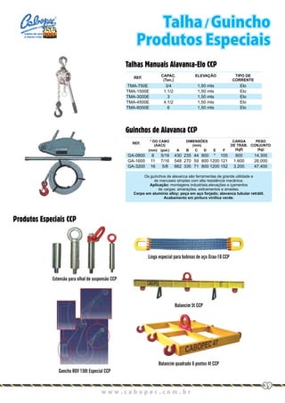 3/4
1.1/2
3
4.1/2
6
TMA-750E
TMA-1500E
TMA-3000E
TMA-4500E
TMA-6000E
1,50 mts
1,50 mts
1,50 mts
1,50 mts
1,50 mts
Elo
Elo
Elo
Elo
Elo
CAPAC.
(Ton.)
ELEVAÇÃO
Talhas Manuais Alavanca-Elo CCP
REF.
TIPO DE
CORRENTE
Os guinchos de alavanca são ferramentas de grande utilidade e
de manuseio simples com alta resistência mecânica.
Aplicação: montagens industriais,elevações e içamentos
de cargas; amarações, estiramentos e arrastes.
Corpo em alumínio alloy; peça em aço forjado; alavanca tubular retrátil.
Acabamento em pintura vinílica verde.
8
11
16
5/16
7/16
5/8
430
548
662
235
270
335
44
59
71
800
800
800
*
1200
1200
105
121
152
800
1.600
3.200
14.300
26.000
47.400
(mm) (pol.) A B C D E F
CARGA
DE TRAB.
(kgf)
DIMENSÕES
(mm)
PESO
CONJUNTO
(kg)
GA-0800
GA-1600
GA-3200
* DO CABO
(AACI)
Guinchos de Alavanca CCP
REF.
Talha / Guincho
Produtos Especiais
w w w . c a b o p e c . c o m . b rw w w . c a b o p e c . c o m . b r
39
Produtos Especiais CCP
Extensão para olhal de suspensão CCP
Gancho ROV 150t Especial CCP
Linga especial para bobinas de aço Grau-10 CCP
Balancim 5t CCP
Balancim quadrado 6 pontos 4t CCP
CABOS DE AÇO
E PEÇAS LTDA.
 