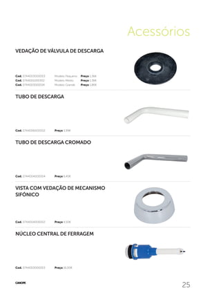 25
Acessórios
25
Cod. 0744003000003	 Preço 16,00€
Cod. 0744004000002	 Preço 4,50€
Cod. 0744004000004	 Preço 6,40€
Cod. 0744006000002	 Preço 3,99€
Cod. 0744003000014	 Modelo Grande	 Preço 1,86€
Cod. 0744001000302	 Modelo Médio	 Preço 1,36€
Cod. 0744003000003	 Modelo Pequeno	 Preço 1,36€
NÚCLEO CENTRAL DE FERRAGEM
VISTA COM VEDAÇÃO DE MECANISMO
SIFÓNICO
TUBO DE DESCARGA CROMADO
TUBO DE DESCARGA
VEDAÇÃO DE VÁLVULA DE DESCARGA
 