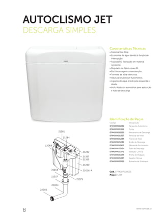8 www.canope.pt
AUTOCLISMO JET
DESCARGA SIMPLES
Características Técnicas
•	Sistema Star-Stop
•	Economia de água devido à função de
interrupção
•	Autoclismo fabricado em material
resistente.
•	Regulado de fábrica para 8L
•	Fácil montagem e manutenção.
•	Torneira de bóia silenciosa.
•	Ideal para substituir fluxómetros
•	Ligação de água à rede pela esquerda e
direita
•	Inclui todos os acessórios para aplicação
e tubo de descarga
21281
21284
21282
21367
21365
21280
23026-A
21375
21034
23069
21037
22004
22005
Identificação de Peças
Código		 Designação
0744009021280	 Tampa do Autoclismo
0744009021365	Ponte
0744009050205	 Mecanismo de Descarga
0744009021367	 Pendural de Nível
0744009021284	 Tirante de Nível
0744009021282	 Botão de Descarga
0744009050411	 Válvula de Enchimento
0744009022004	 Tubo de Descarga
0744009021375	 Vedação Cónica
0744009021034	 Anilha de Vedação
0744009021037	 Espelho Fêmea
0744009022005	 Borracha de Emboque
Cod. 0744007000001
Preço 14,53€
 