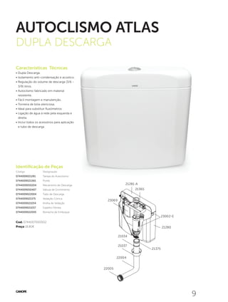 99
AUTOCLISMO ATLAS
DUPLA DESCARGA
Características Técnicas
•	Dupla Descarga.
•	Isolamento anti-condensação e acústico.
•	Regulação do volume de descarga (3/6 -
3/9) litros.
•	Autoclismo fabricado em material
resistente.
•	Fácil montagem e manutenção.
•	Torneira de bóia silenciosa.
•	Ideal para substituir fluxómetros
•	Ligação de água à rede pela esquerda e
direita
•	Inclui todos os acessórios para aplicação
e tubo de descarga
21281-A
21365
23069
23002-E
21280
21375
21034
21037
22004
22005
Identificação de Peças
Código		 Designação
0744009021281	 Tampa do Autoclismo
0744009021365	Ponte
0744009050204	 Mecanismo de Descarga
0744009050407	 Válvula de Enchimento
0744009022004	 Tubo de Descarga
0744009021375	 Vedação Cónica
0744009021034	 Anilha de Vedação
0744009021037	 Espelho Fêmea
0744009022005	 Borracha de Emboque
Cod. 0744007000002
Preço 18,80€
 