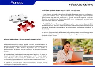 Vendas
                                                                                                                      Portais Colaborativos

                                                                   Pivotal CRM ePartner - Portal de auto-serviço para parceiros

                                                                   O Pivotal ePartner permite às empresas estender sua gestão aos seus parceiros e distribuidores.
                                                                   O portal web ePartner coloca à disposição de terceiros um conjunto personalizado de
                                                                   funcionalidades, para que estes possam gerir e registrar informações das áreas Comercial,
                                                                   Marketing ou Atendimento ao cliente, reduzindo de forma drástica o custo com suporte, os
                                                                   erros e os recursos dedicados a estas áreas.

                                                                   O Pivotal CRM ePartner oferece um modelo ganha-ganha a seus usuários, já que também
                                                                   permite aos parceiros otimizar e potencializar sua gestão através de um acesso ininterrupto à
                                                                   informações atualizadas, documentações e funcionalidades para Vendas, Marketing e
                                                                   Atendimento.

                                                                   Por ser tratar de um portal web, cada empresa poderá personalizar por completo sua interface e
                                                                   conteúdo, podendo acrescentar novas funcionalidades e integrar processos ou dados que
                                                                   provém de sistemas distintos.

Pivotal CRM eService - Portal de auto-servico para clientes


Este módulo permite à empresa ampliar o alcance do departamento de
atendimento ao cliente com um canal de internet através de um portal intuitivo
e personalizado. O Portal eService disponibiliza para os clientes as
funcionalidades de registro, consulta e pesquisa de respostas como auto-
serviço.

A informação que é registrada por este canal integra-se ao ciclo da gestão, da
mesma forma como acontece por qualquer outro canal. O eService ajuda a
diminuir de forma notável os custos com atendimento ao cliente, os tempos de
resposta e o congestionamento que sofrem os canais tradicionais de contato.

O portal é um serviço 24/7 que está disponível para que os clientes possam
contatar a empresa sempre que desejarem.
 