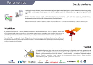 Ferramentas
                                                                                                                              Gestão de dados

                                     O módulo de Gestão de dados possui um assistente de importação e exportação entre o Pivotal CRM e outros aplicativos como
                                     o Excel. Este assistente permite o mapeamento de informações, associando dados de diversas origens à campos do Pivotal
                                     CRM.

                                     Também é possível executar scripts, automatizando processos recorrentes e gerir conteúdos duplicados, coincidentes ou
                                     aproximados, realizar combinações inteligentes e exclusões em massa.

                                     Todas as intervenções no banco de dados podem ser rastreadas com o auxílio da ferramenta para auditoria de alterações.




Workflow
O workflow funciona com o intuito de definir a sequência de passos necessários para que se possa atingir uma
eficiente automação de processos dentro da empresa, de acordo com regras pré-determinadas. Desta forma, as
atividades podem ser transmitidas ou executadas por qualquer colaborador de maneira correta e padronizada.

Com o Workflow avançado do Pivotal CRM podemos descrever os passos de cada tarefa e desenhar os fluxos de
trabalho para melhorar a didática do sistema. O módulo é baseado em Microsoft Workflow Foundation e permite,
ainda, a inserção de notificações.



                                                                                                                                                   Toolkit
                                                          O Toolkit é módulo do Pivotal CRM voltado para profissionais de TI. É possível programar diretamente na
                                                          plataforma do Pivotal CRM realizando customizações no software, fazendo com que a ferramenta se
                                                          adeque às necessidades e processos da empresa, e não o contrário. É isso que faz do Pivotal CRM um
                                                          sistema flexível e adaptável à sua empresa e às suas peculiaridades. Com o Toolkit também
                                                          administramos perfis e permissões de acesso.
 