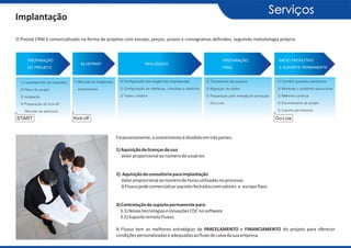 Serviços
Implantação

O Pivotal CRM é comercializado na forma de projetos com escopo, preços, prazos e cronogramas definidos, seguindo metodologia própria.



      PREPARAÇÃO                                                                                                              PREPARAÇÃO                       INÍCIO PRODUTIVO
                                     BLUEPRINT                               REALIZAÇÃO
      DO PROJETO                                                                                                              FINAL                            E SUPORTE PERMANENTE

 1) Levantamento de requisitos   1) Reunião de exigências    1) Configuração das exigências empresariais             1) Treinamento de usuários               1) Concluir questões pendentes
 2) Plano do projeto                empresariais             2) Configuração de interfaces, consultas e relatórios   2) Migração de dados                     2) Monitorar o ambiente operacional
 3) Instalação                                               3) Testes unitários                                     3) Preparação para entrada de produção   3) Melhoria contínua
 4) Preparação do kick-off                                                                                              (Go-Live)                             4) Encerramento do projeto
    (Reunião de abertura)                                                                                                                                     5) Suporte permanente
START                            Kick-off                                                                                                                     Go-Live



                                                            Financeiramente, o investimento é dividido em três partes:

                                                            1) Aquisição de licenças de uso
                                                               Valor proporcional ao número de usuários


                                                            2) Aquisição da consultoria para implantação
                                                               Valor proporcional ao número de horas utilizadas no processo.
                                                               A Fluxus pode comercializar pacotes fechados com valores e escopo fixos.


                                                            3) Contratação de suporte permanente para:
                                                              3.1) Novas tecnologias e inovações CDC no software
                                                              3.2) Suporte remoto Fluxus

                                                            A Fluxus tem as melhores estratégias de PARCELAMENTO e FINANCIAMENTO do projeto para oferecer
                                                            condições personalizadas e adequadas ao fluxo de caixa da sua empresa.
 
