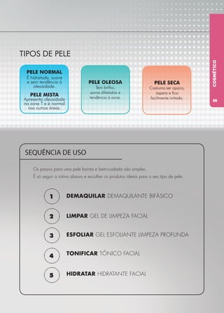 1
2
3
4
5
SEQUÊNCIA DE USO
Os passos para uma pele bonita e bem-cuidada são simples.
É só seguir a rotina abaixo e escolher os produtos ideais para o seu tipo de pele.
DEMAQUILAR DEMAQUILANTE BIFÁSICO
LIMPAR GEL DE LIMPEZA FACIAL
ESFOLIAR GEL ESFOLIANTE LIMPEZA PROFUNDA
TONIFICAR TÔNICO FACIAL
HIDRATAR HIDRATANTE FACIAL
TIPOS DE PELE
PELE NORMAL
É hidratada, suave
e sem tendência à
oleosidade.
PELE MISTA
Apresenta oleosidade
na zona T e é normal
nas outras áreas.
PELE SECA
Costuma ser opaca,
áspera e fica
facilmente irritada.
PELE OLEOSA
Tem brilho,
poros dilatados e
tendência à acne.
COSMÉTICO
59
 