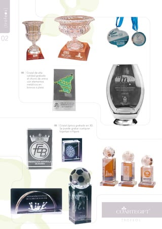 {trofeos}




02



            | Cristal de alta
              calidad grabado
              al chorro de arena
              con elementos
              metálicos en
              bronce o plata.




                                   | Cristal óptico grabado en 3d.
                                     se puede grabar cualquier
                                     logotipo o figura.




                                                                     trOfEOs
 