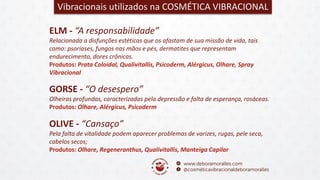 ELM - “A responsabilidade”
Relacionada a disfunções estéticas que os afastam de sua missão de vida, tais
como: psoríases, fungos nas mãos e pés, dermatites que representam
endurecimento, dores crônicas.
Produtos: Prata Coloidal, Qualivitallis, Psicoderm, Alérgicus, Olhare, Spray
Vibracional
Vibracionais utilizados na COSMÉTICA VIBRACIONAL
GORSE - “O desespero”
Olheiras profundas, caracterizadas pela depressão e falta de esperança, rosáceas.
Produtos: Olhare, Alérgicus, Psicoderm
OLIVE - “Cansaço”
Pela falta de vitalidade podem aparecer problemas de varizes, rugas, pele seca,
cabelos secos;
Produtos: Olhare, Regeneranthus, Qualivitallis, Manteiga Capilar
 