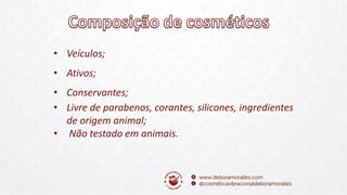 • Veículos;
• Ativos;
• Conservantes;
• Livre de parabenos, corantes, silicones, ingredientes
de origem animal;
• Não testado em animais.
 