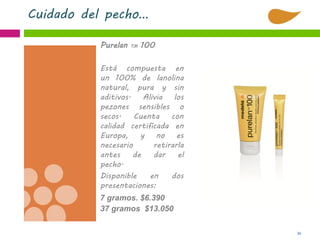 34
Cuidado del pecho…
Purelan TM 100
Está compuesta en
un 100% de lanolina
natural, pura y sin
aditivos. Alivia los
pezones sensibles o
secos. Cuenta con
calidad certificada en
Europa, y no es
necesario retirarla
antes de dar el
pecho.
Disponible en dos
presentaciones:
7 gramos. $6.390
37 gramos $13.050
 