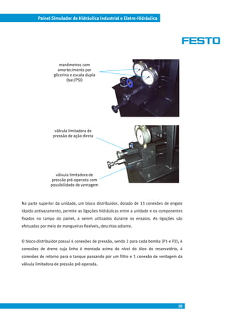 Painel Simulador de Hidráulica Industrial e Eletro-Hidráulica




                      manômetros com
                     amortecimento por
                  glicerina e escala dupla
                          (bar/PSI)




                  válvula limitadora de
                 pressão de ação direta




                   válvula limitadora de
                 pressão pré-operada com
                possibilidade de ventagem



Na parte superior da unidade, um bloco distribuidor, dotado de 13 conexões de engate
rápido antivazamento, permite as ligações hidráulicas entre a unidade e os componentes
fixados no tampo do painel, a serem utilizados durante os ensaios. As ligações são
efetuadas por meio de mangueiras flexíveis, descritas adiante.


O bloco distribuidor possui 4 conexões de pressão, sendo 2 para cada bomba (P1 e P2), 4
conexões de dreno cuja linha é montada acima do nível do óleo do reservatório, 4
conexões de retorno para o tanque passando por um filtro e 1 conexão de ventagem da
válvula limitadora de pressão pré-operada.




                                                                                    10
 