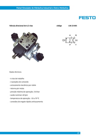 Painel Simulador de Hidráulica Industrial e Eletro-Hidráulica




Válvula direcional de 4/2 vias                          código           130 23 005




                                                                          A      B




                                                                          P      T




Dados técnicos:


- 4 vias de trabalho
- 2 posições de comando
- acionamento mecânico por rolete
- retorno por molas
- pressão máxima de operação: 210 bar
- vazão nominal: 40 lpm
- temperatura de operação: -10 a 70 °C
- conexões de engate rápido antivazamento




                                                                                      17
 