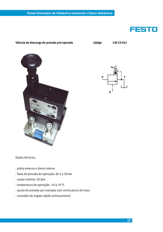 Painel Simulador de Hidráulica Industrial e Eletro-Hidráulica




Válvula de descarga de pressão pré-operada                  código       130 23 012




                                                                 P               T




                                                                     X




Dados técnicos:


- piloto externo e dreno interno
- faixa de pressão de operação: de 5 a 50 bar
- vazão máxima: 30 lpm
- temperatura de operação: -10 a 70 °C
- ajuste de pressão por manopla com contra porca de trava
- conexões de engate rápido antivazamento




                                                                                      23
 
