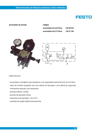 Painel Simulador de Hidráulica Industrial e Eletro-Hidráulica




Acumulador de pressão                       códigos
                                            acumulador de 0,32 litros     130 28 261
                                            acumulador de 0,75 litros     130 31 705




                                                      T                     P




Dados técnicos:


- acumulador a nitrogênio, tipo membrana, com capacidade nominal de 0,32 ou 0,75 litros
- bloco de controle equipado com uma válvula de descarga e uma válvula de segurança
 diretamente operada, com manômetro
- pressão máxima: 120 bar
- pressão de operação: 60 bar
- temperatura de operação: -10 a 70 °C
- conexões de engate rápido antivazamento




                                                                                       27
 