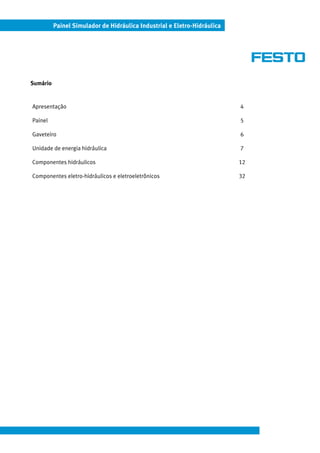 Painel Simulador de Hidráulica Industrial e Eletro-Hidráulica




Sumário


Apresentação                                                              4

Painel                                                                    5

Gaveteiro                                                                 6

Unidade de energia hidráulica                                             7

Componentes hidráulicos                                                   12

Componentes eletro-hidráulicos e eletroeletrônicos                        32
 