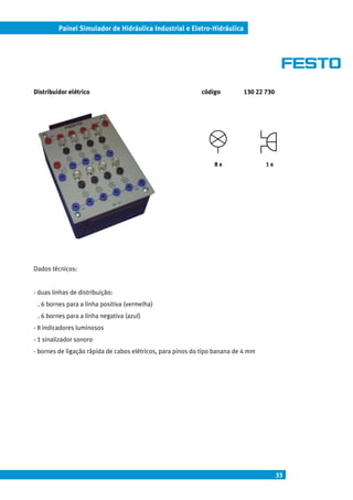 Painel Simulador de Hidráulica Industrial e Eletro-Hidráulica




Distribuidor elétrico                                       código         130 22 730




                                                                 8x                1x




Dados técnicos:


- duas linhas de distribuição:
 . 6 bornes para a linha positiva (vermelha)
 . 6 bornes para a linha negativa (azul)
- 8 indicadores luminosos
- 1 sinalizador sonoro
- bornes de ligação rápida de cabos elétricos, para pinos do tipo banana de 4 mm




                                                                                        33
 